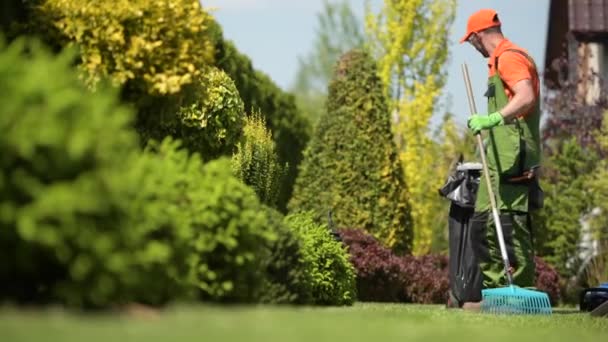 Robotnik grabiący trawę w ogrodzie. Biały Ogrodnik w wieku 30 lat. — Wideo stockowe