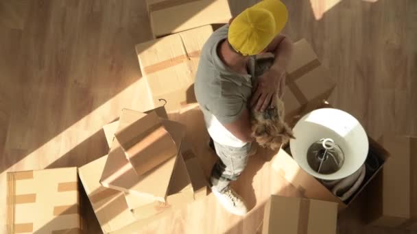犬を連れた男性は、箱を移動しながら短い休憩を取って新しい家に引っ越しました。オーストラリアのシルキテリアペット. — ストック動画