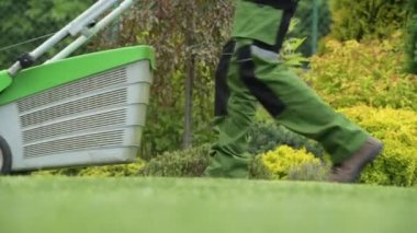 Bahçe Teması. Backyard Bahçe Bakım. Profesyonel Benzin Biçme Makinesi Kullanarak Çim Biçme.