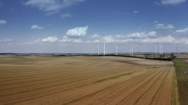 Rüzgar Türbinleri Enerji Santrali ve Avusturya Enerji Santrali Peyzaj. Tarım ve Enerji Endüstrisi Teması. — Stok video