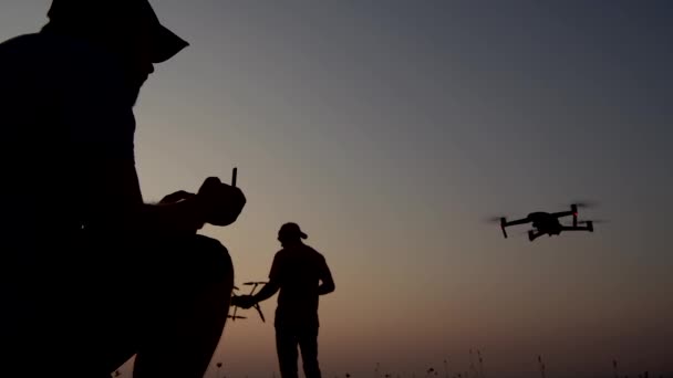 Drone Flying Field. Hobbies with Their Drone Aircrafts Flying During Scenic Sunset. — Stock Video