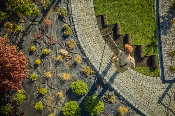 Aerial View New Residential Garden Developing Caucasian Landscaping Worker Planting — Stock Photo, Image