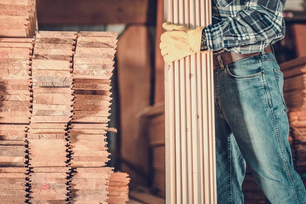 Caucasian Contractor Worker Wood Planks Hand Small Construction Project — Stock Photo, Image