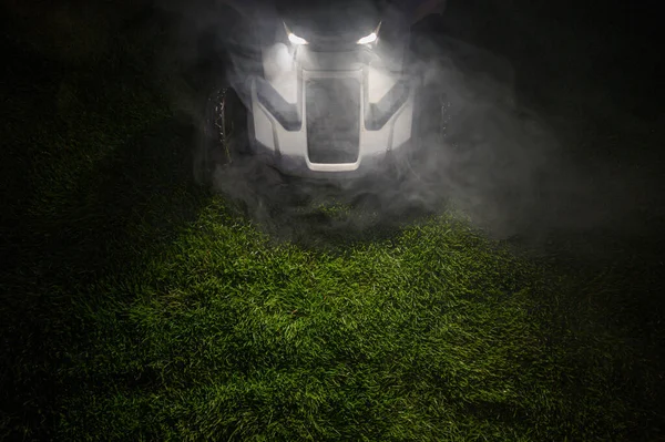 Late Evening Hours Grass Field Mowing Using Modern Wireless Electric — Stock Photo, Image