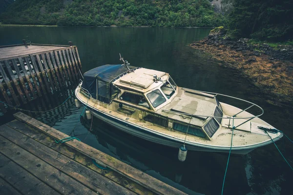 Aged Dirty Boat Wooden Dock Somewhere South West Norway Boating — Stock Photo, Image