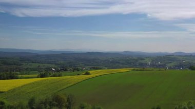 Çeşitli ekin tepeleri ve arka planda köyü olan geniş tarım arazisinin havadan görünüşü. 