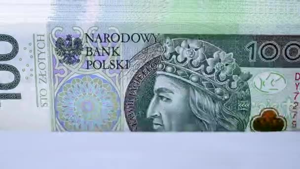 Close Money Counter Spinning Hałas Liczenie Polskich Banknotów Nominale Stu — Wideo stockowe