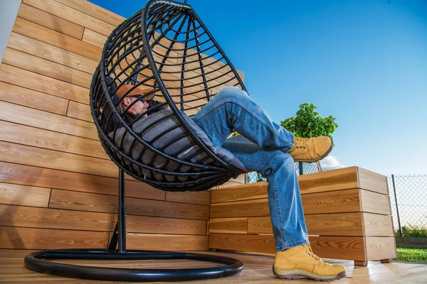 Caucasian Men Just Finished Wooden Porch Garden Furnitures Relaxing Hanging — 스톡 사진