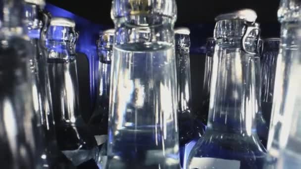 Рядок Прозорих Скляних Пляшок Мінеральною Водою Організованою Пластиковому Контейнері Ручним — стокове відео