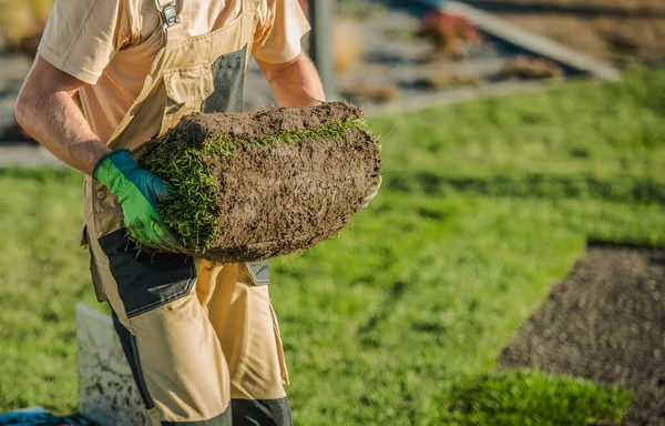 Carpet Turf Rolls Landscaping Being Installed Residential Garden — Stock Photo, Image