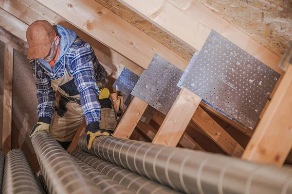 Male Ventilation Technician Installing New Air Vent System Attic Residential — Stock Photo, Image