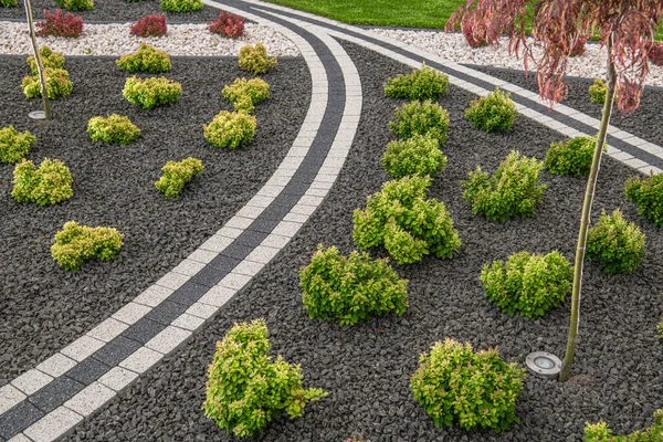 Paisajismo Tema Industria Jardín Del Patio Trasero Residencial Recién Diseñado — Foto de Stock