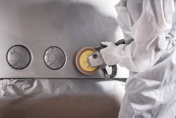 Collision Center Worker Finishing Rear Shuttle Bus Vehicle Body Polishing — Stock Photo, Image