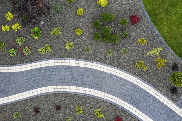 Paisagismo Jardinagem Novo Projeto Jardim Vista Aérea Edifício Caminho Quintal — Fotografia de Stock