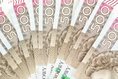 Polonya Cumhuriyeti Para Birimi. Masa Kapanışı 'nda bir sürü Polonyalı Zloty Banknotları var. İş ve Ekonomi Teması.