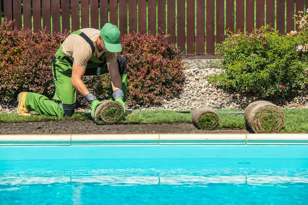 Nova Instalação Relvados Grama Longo Lado Jardim Piscina Livre Jardineiro — Fotografia de Stock