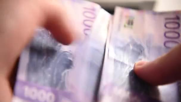 纵观人类手握一千挪威克朗钞票的堆栈 — 图库视频影像
