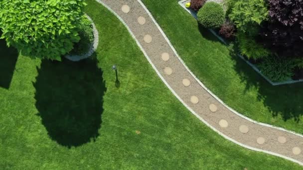Частный Сад Деревьями Кустарниками Летом Beautiful Landscape Design Curvy Pathway — стоковое видео