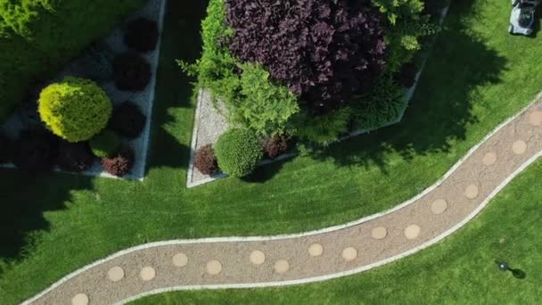 Trädgårdsarbetare Med Gräsklippare Sommaren Tar Hand Estate Yard Flygfoto Växter — Stockvideo