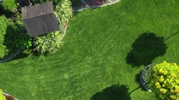 晴れた夏の日に広大で豪華な緑の芝生と庭 水と植生のプライベートプロパティの風景の空中ビュー — ストック動画
