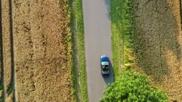 可转换车辆在狭窄的农村公路上穿越广袤农田的空中景观 — 图库视频影像