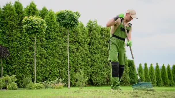Cuidado Del Jardín Caucásico Profesional Raking Cut Yard Grass Concepto — Vídeos de Stock