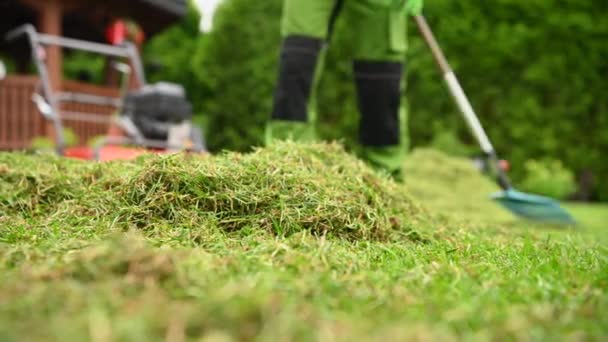 Stäng Vyn Över Små Högen Nyklippta Gräsklipp Trädgård Arbetare Räfsa — Stockvideo