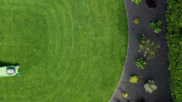 プライベート不動産の大規模な緑の芝生の上で男押し芝生の芝刈り機の上ビュー 庭師草刈り — ストック動画