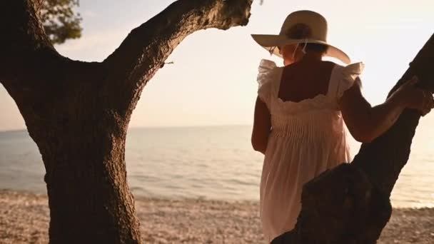 白いドレスと太陽の帽子の退職女性は熱帯の場所で彼女の退職休暇の時間を楽しむ — ストック動画