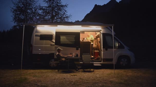 Caucasian Men Working Remotely Scenic Camping Using His Laptop Lte — Stock Video