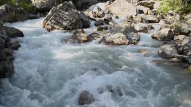 Rocky Bed Mountain nehri manzaralı. İtalyan Alpleri Val Ferret Bölgesi.