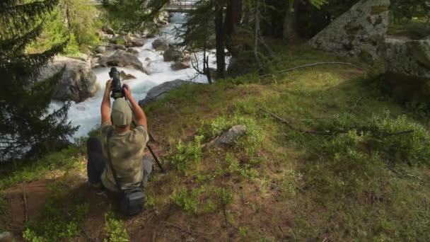 Caucasian Men Taking Scenic Mountain River Pictures His Digital Camera — стокове відео