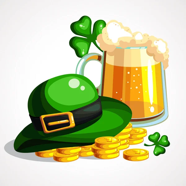 St. Patrick s den složení. Holiday symboly, pivo, zlato a čepice skřítek. — Stockový vektor