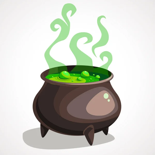 Chaudron de sorcière de bande dessinée avec potion verte magique et vapeur — Image vectorielle