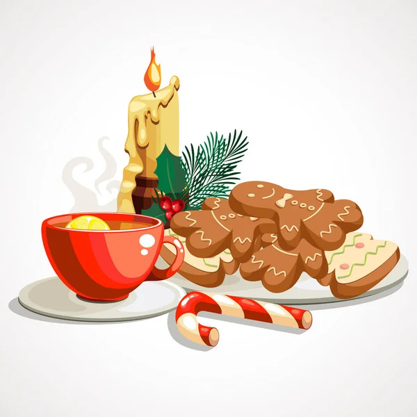 Composition de bande dessinée de pain d'épice de Noël et tasse de thé — Image vectorielle