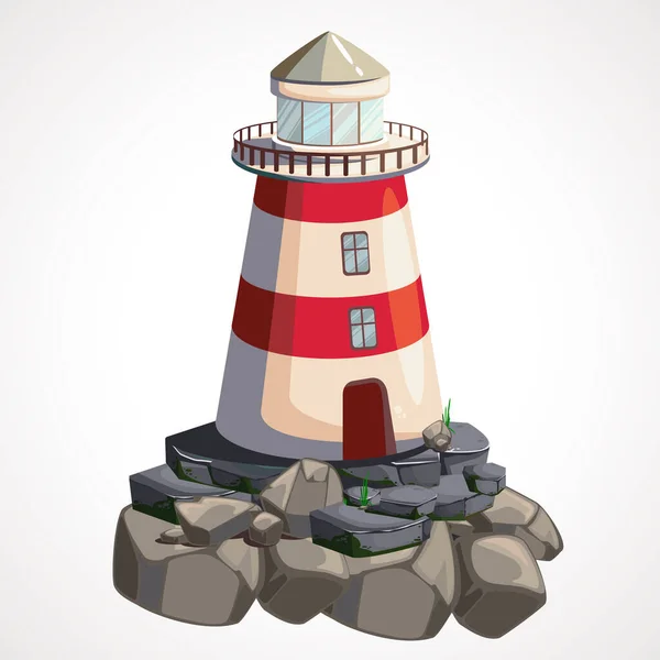 Cartoon vuurtoren op een rots. Vectorillustratie. — Stockvector