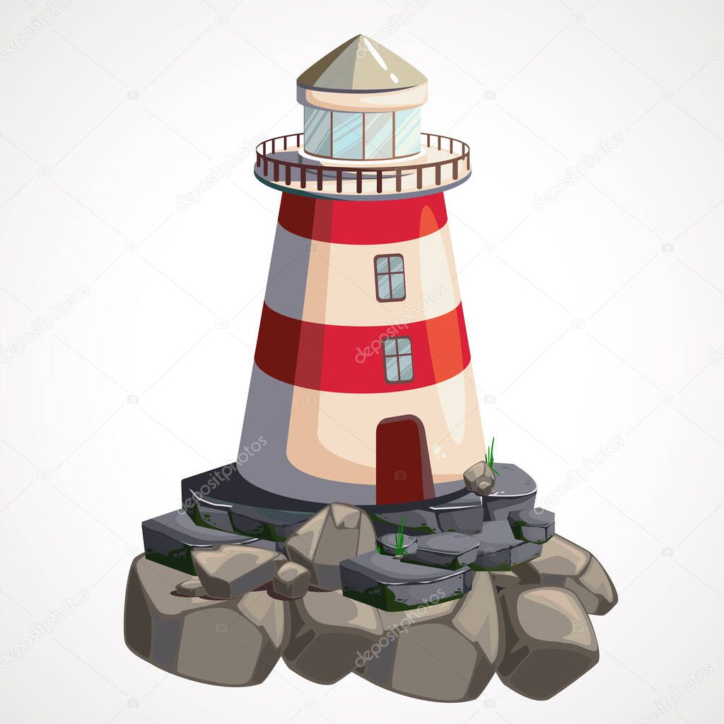 Cartoon lighthouse on a rock. Vector illustration.