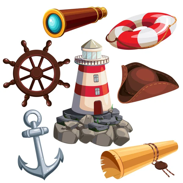 Set di icone di elementi nautici. Attributi del capitano dei cartoni animati. Illustrazione vettoriale. — Vettoriale Stock