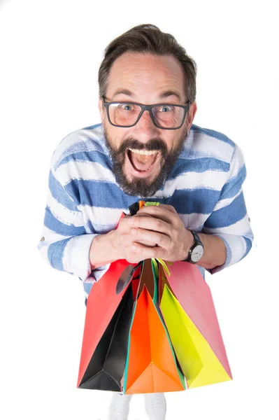 Uomo Con Barba Gli Occhiali Tiene Sacco Borse Della Spesa — Foto Stock