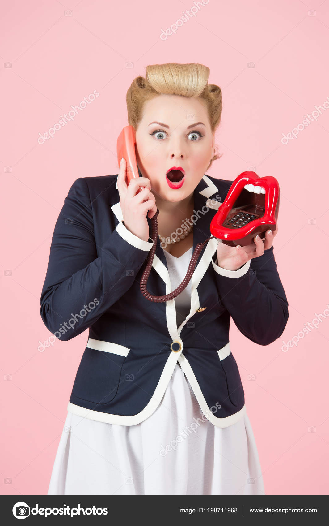 Emotional White Pin Girl Blonde Curly Hairstyle Posing Telephone