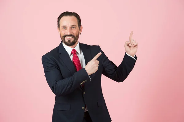 Manager Pointing Fingers Pink Background Man Suit Advertise Place Hands — Stock Photo, Image