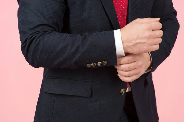 Close Hands Adjusting White Sleeve Blue Suit — Stock Photo, Image