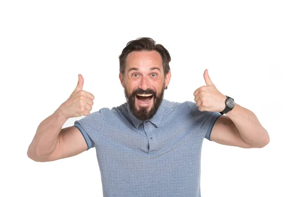 Emotional Man Two Thumbs Isolated White Background Excited Bearded Guy — Stock Photo, Image