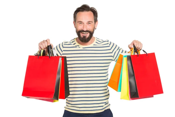 Bonito Homem Barbudo Segurando Sacos Compras Coloridos Conceito Natal Feriados — Fotografia de Stock