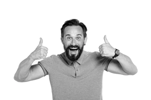 Emotional man with two thumbs up isolated on white background. Excited bearded emotional guy with happy face. Thumbs up on both hands. Very much happy hipster. Wow cool emotion man