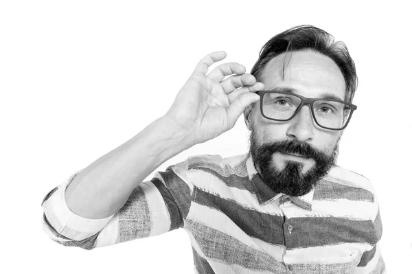 curious Hipster in glasses on white background. Fish-eye portrait of bearded guy in glasses. Surprised poindexter on white. Nerd guy in blue lines t-shirt and big glasses