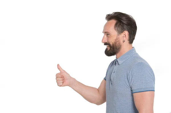 Emotional Cheerful Bearded Man Standing White Background Smiling While Putting — Stock Photo, Image