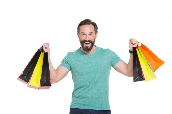 Positieve Emotionele Bebaarde Man Permanent Met Papieren Zakken Zijn Hand — Stockfoto