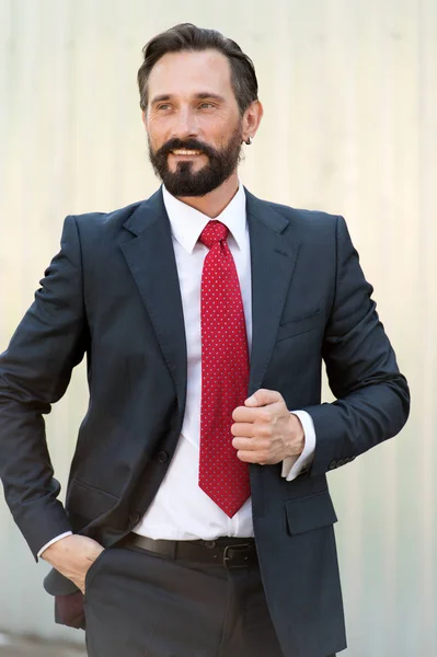 Calma Jovem Empresário Alegre Terno Escuro Sozinho Sorrindo Enquanto Olha — Fotografia de Stock