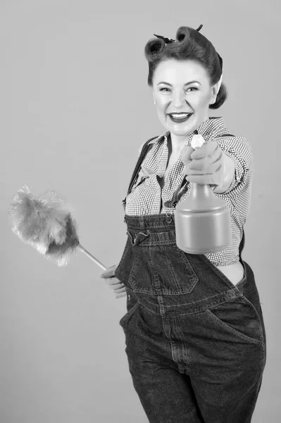 Brünette Frau Pin Stil Mit Weichem Staubwedel Und Sprühflasche Zum — Stockfoto